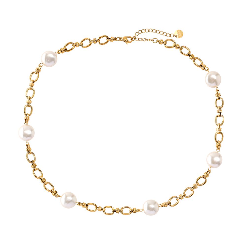 Colar Dourado com Pérolas e Elos Ovais