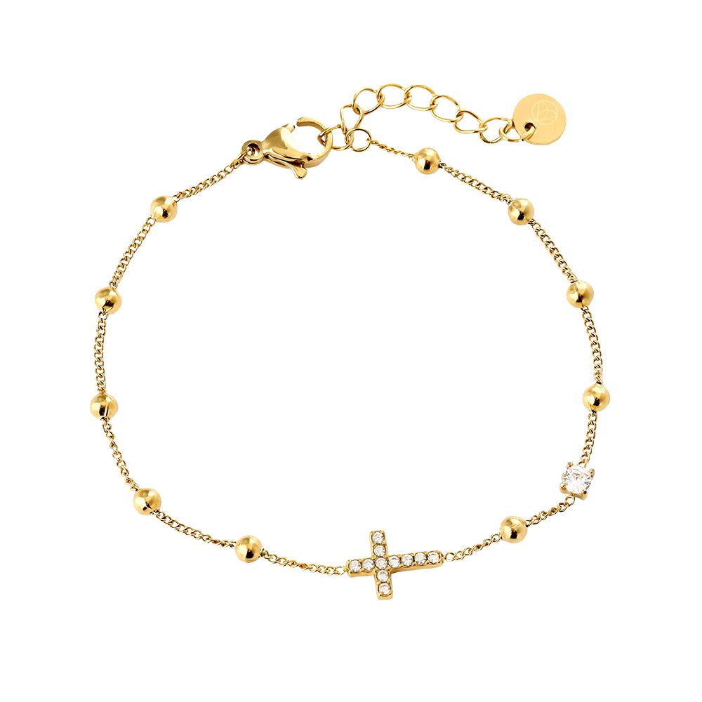 Pulseira de Cruz Cravejada Zircónias e Contas