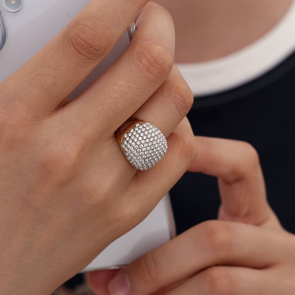 Anel Dourado Ajustável de Zircónias de Brilho Intenso