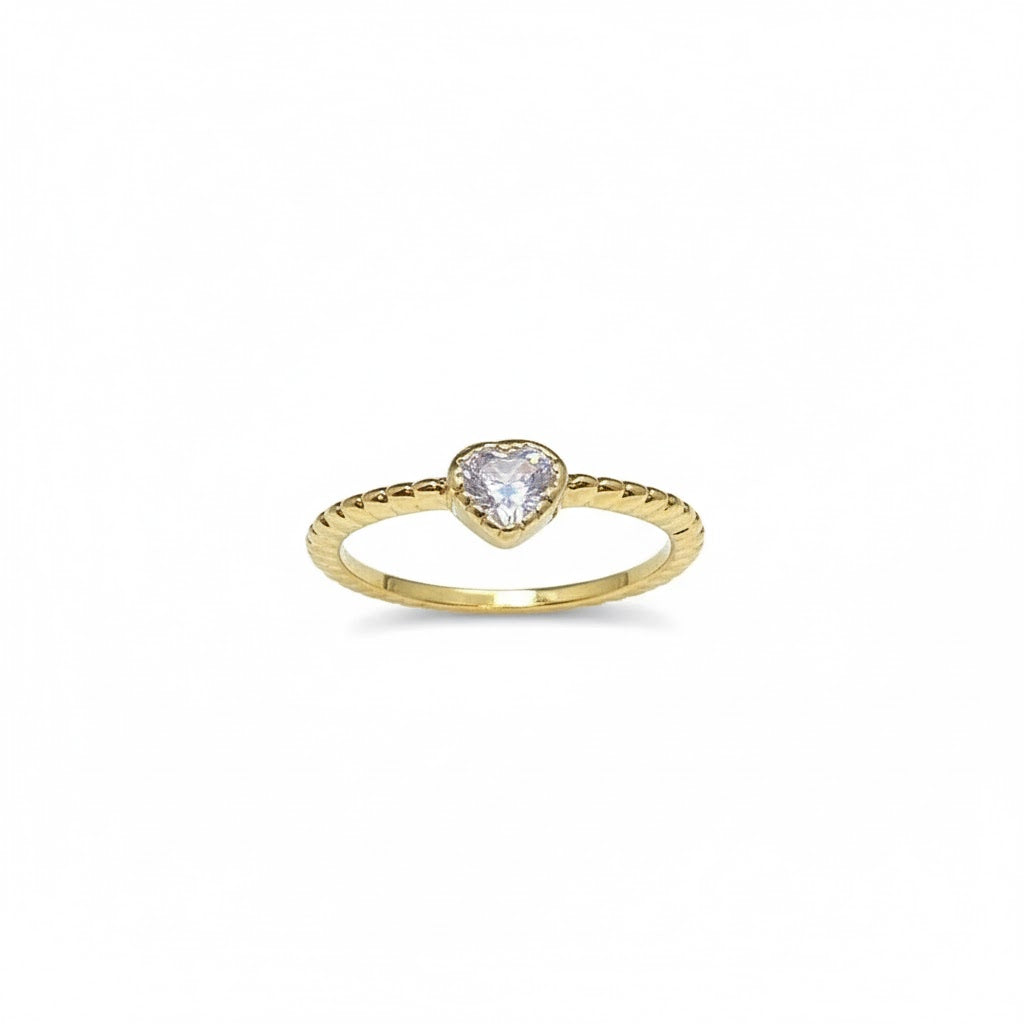 Anel Dourado Coração Pedra Brilhante Textura Fina