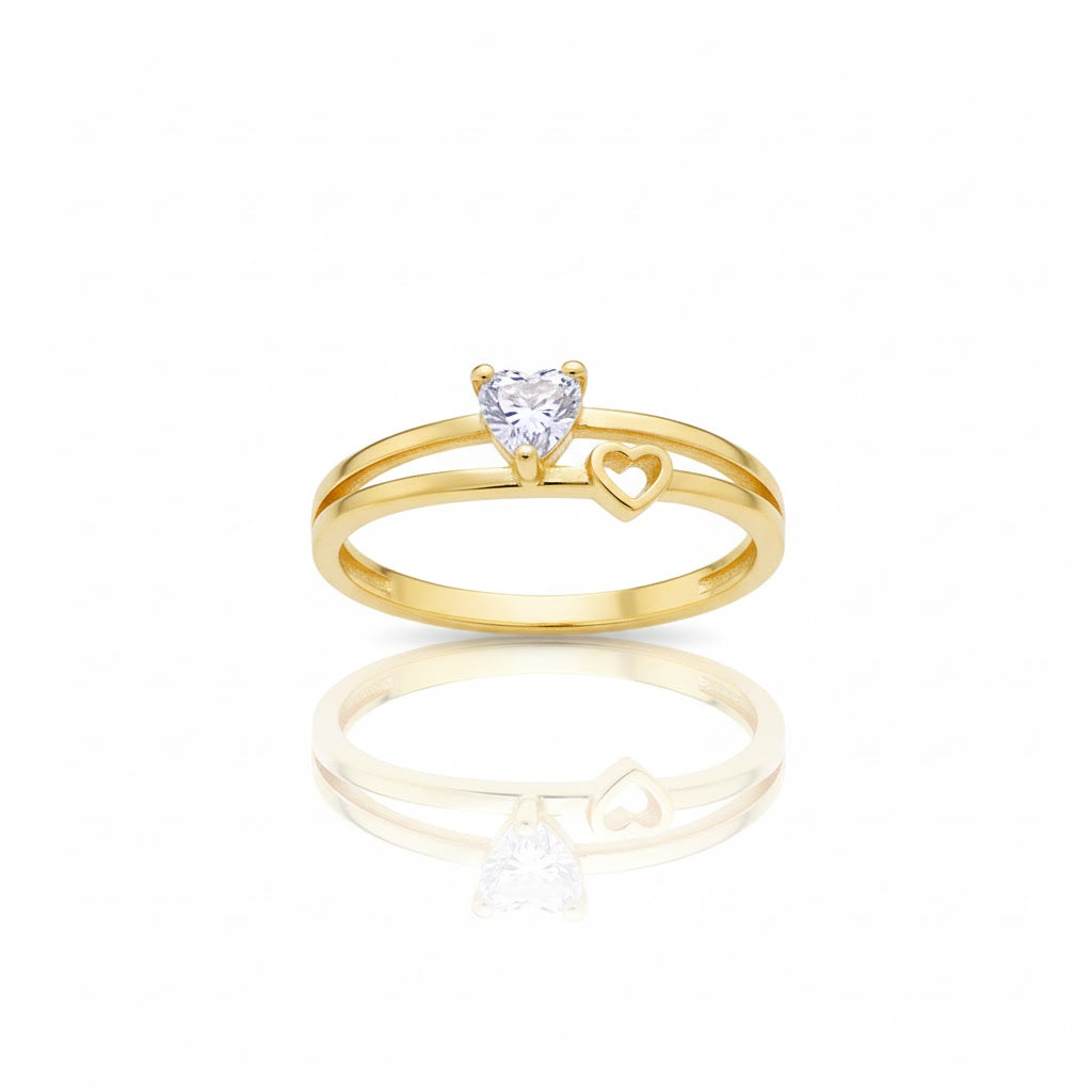 Anel Dourado Duplo Coração com Zircónia