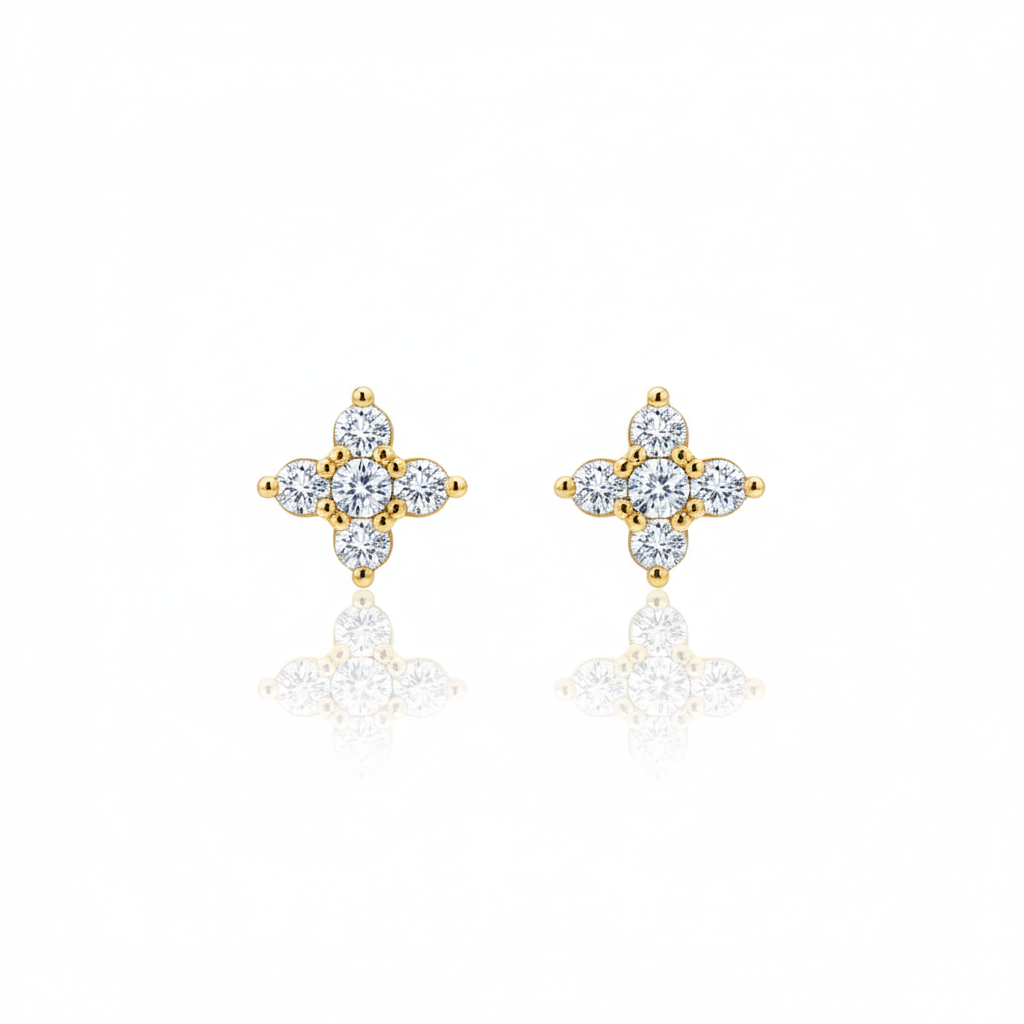 Brincos Dourados em Aço Inoxidável com Flor de Zircónias Brilhantes