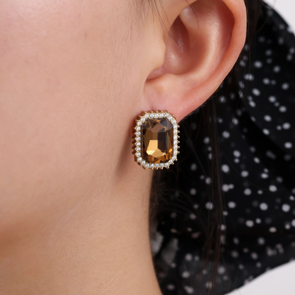 Brincos Dourados com Cristal Retangular Âmbar e Zircónias