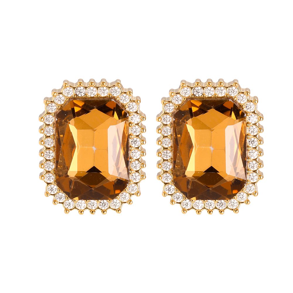 Brincos Dourados com Cristal Retangular Âmbar e Zircónias
