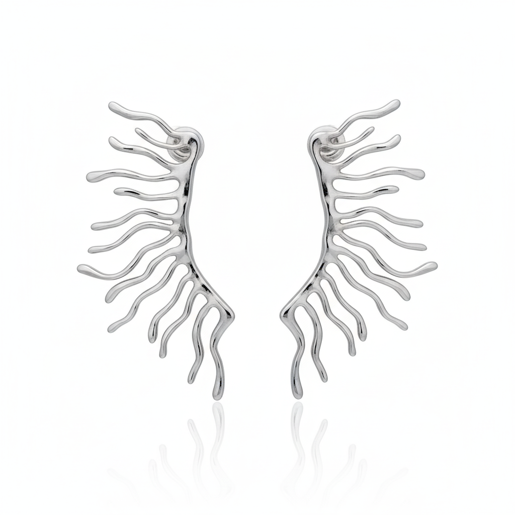 Brincos Orgânicos Prateados Design Ramos em Aço Inoxidável