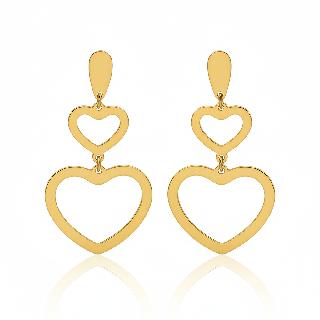 Brincos Pendentes Dourados de coração em Aço Inoxidável