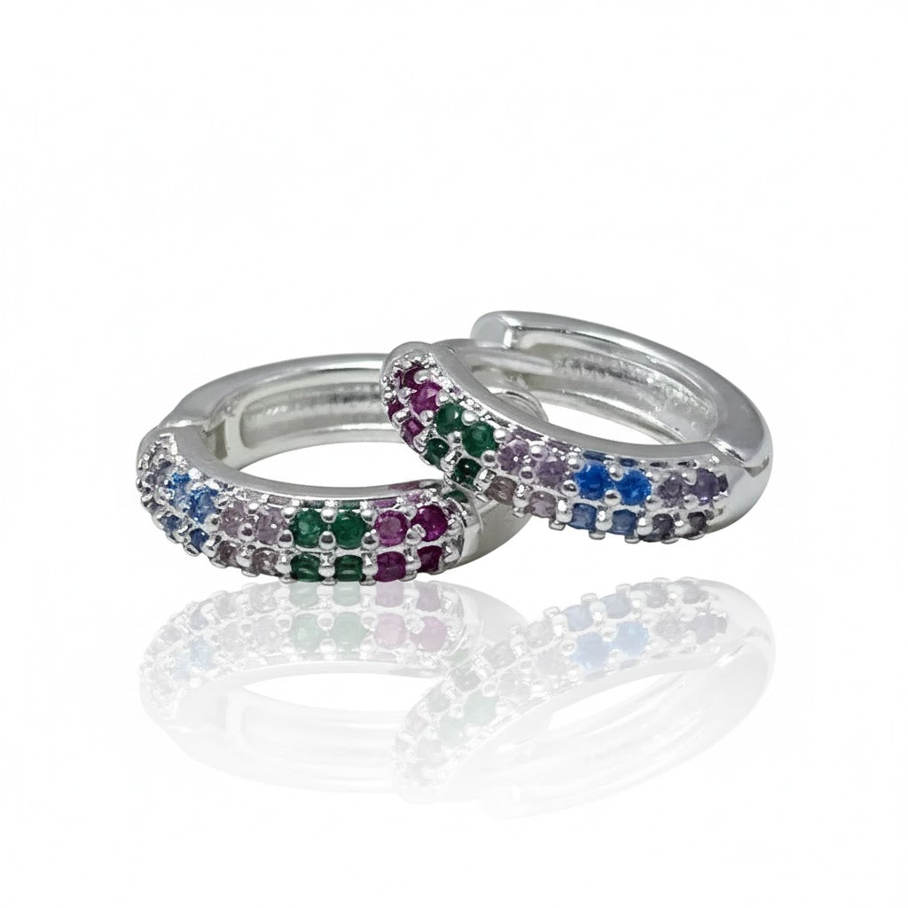 Brincos de Argola Pequenos em Prata com Zircónias Coloridas