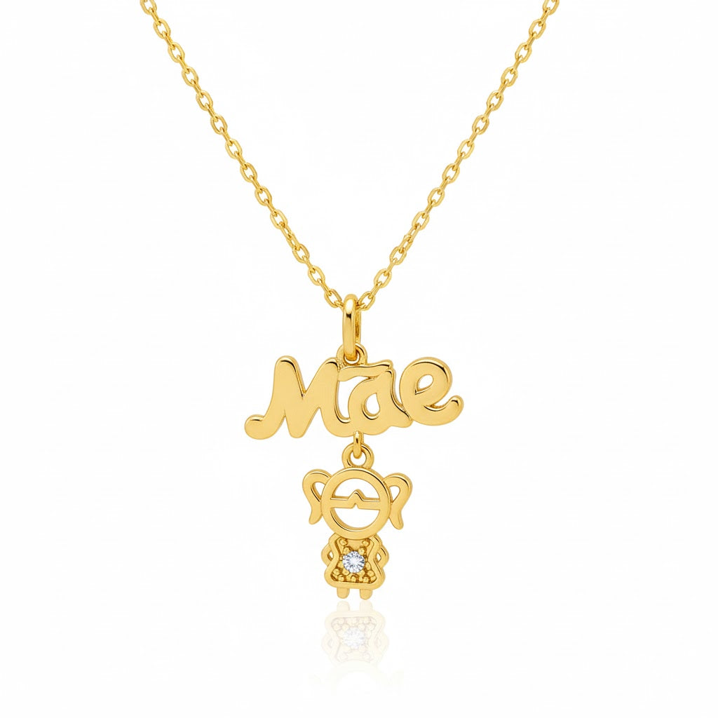 Colar Dourado Mãe com Pingente Menina e Zircónia
