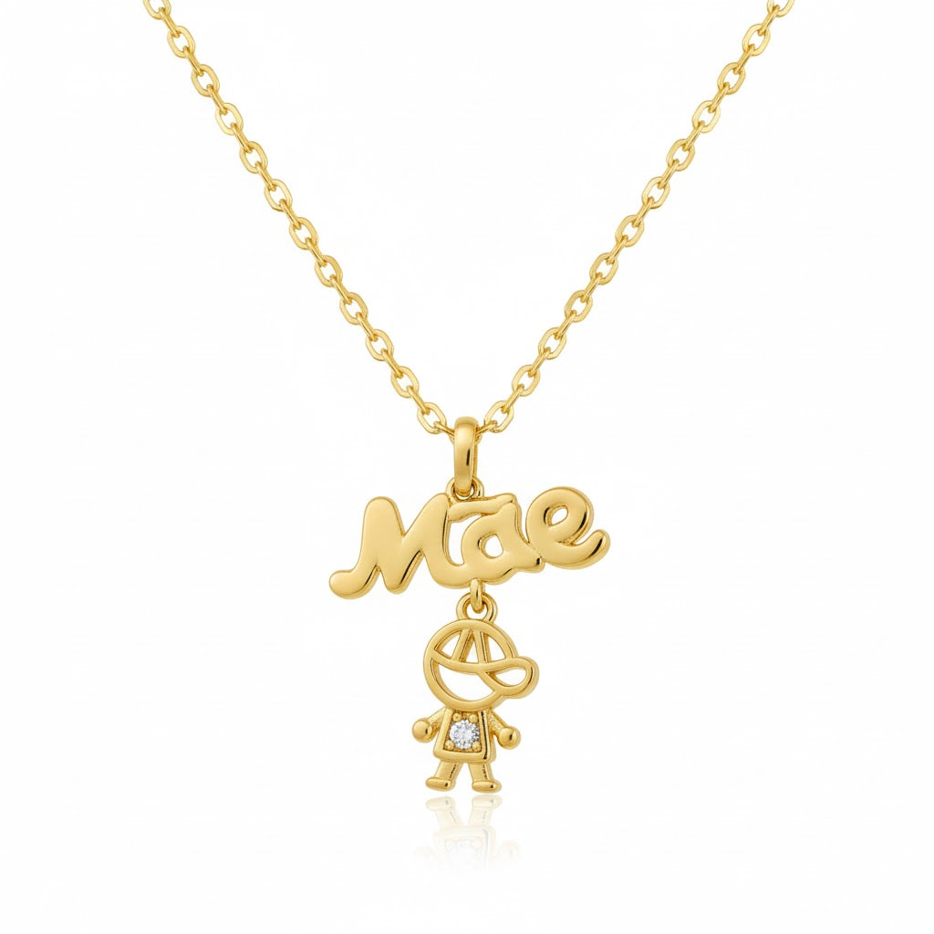 Colar Dourado Mãe com Pingente Menino e Zircónia