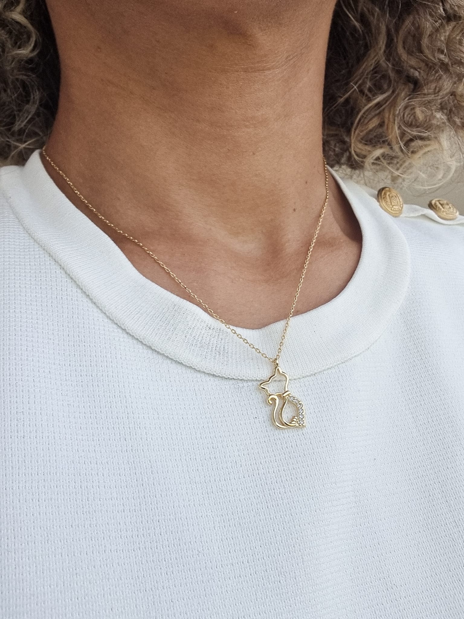 Colar Feminino Dourado com Pingente Gatinho e Zircónias 14k