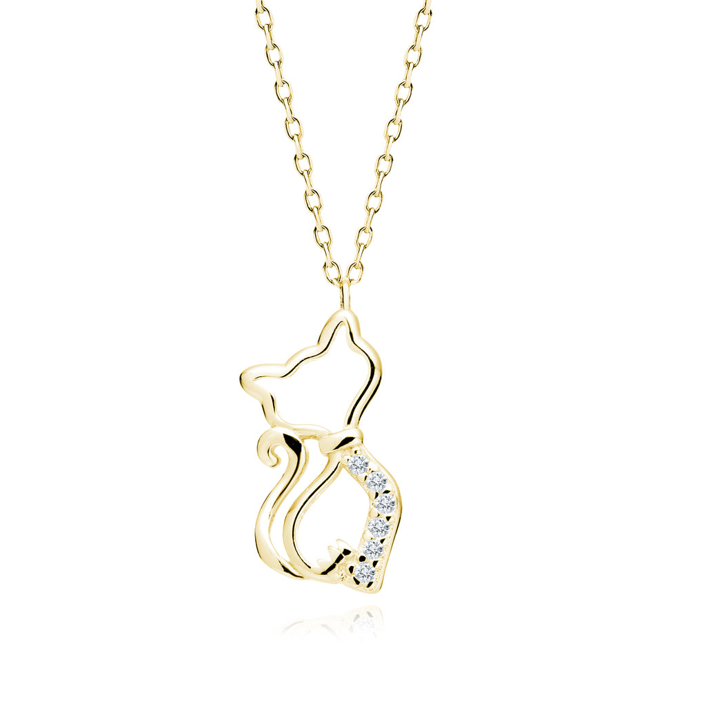 Colar Feminino Dourado com Pingente Gatinho e Zircónias 14k