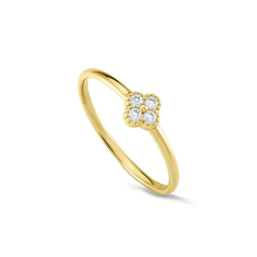 Anel Dourado Fino com Trevo de Zircónias Brilhantes