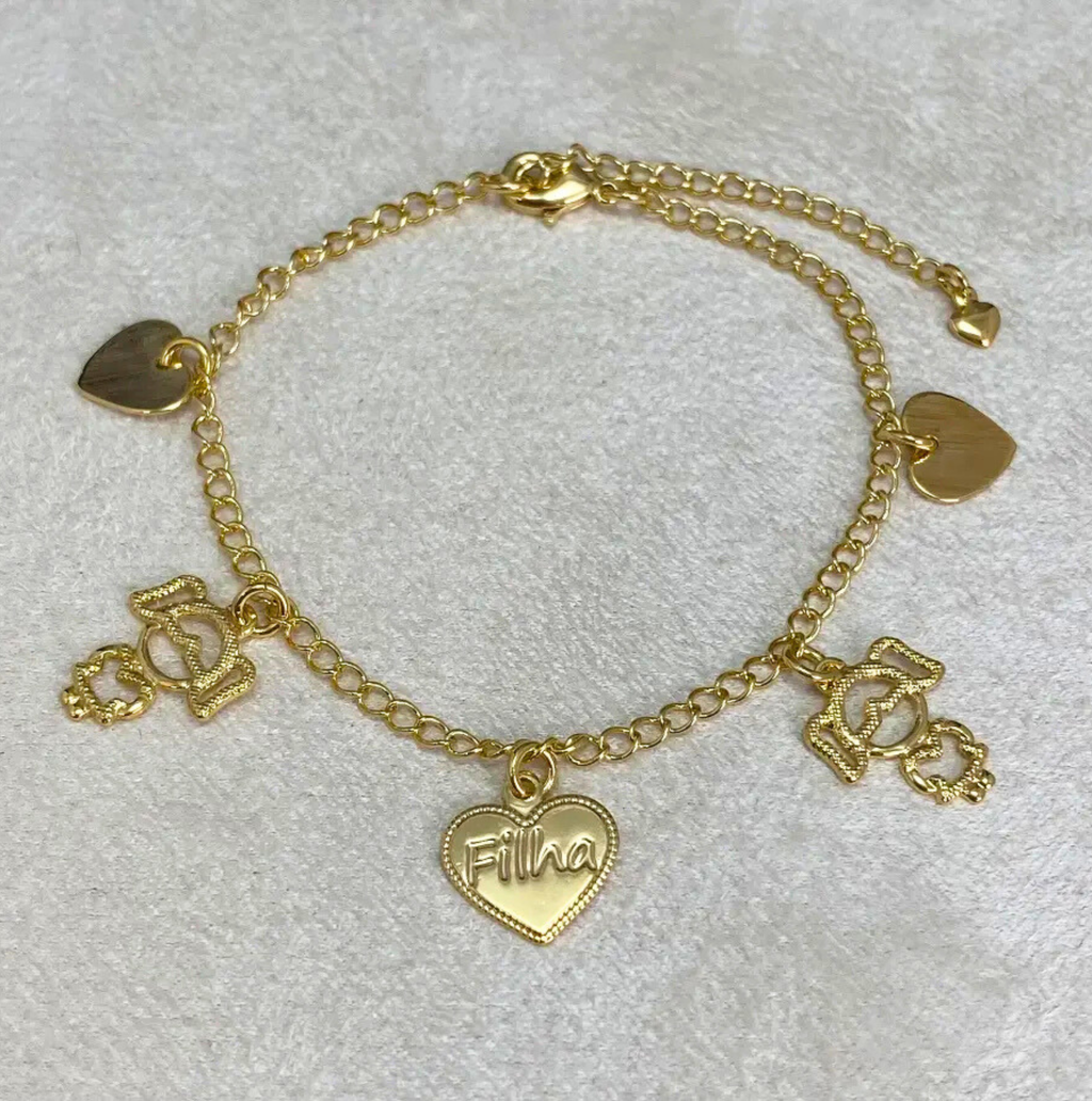 Pulseira 3 Corações 2 Meninas Banhadas a Ouro